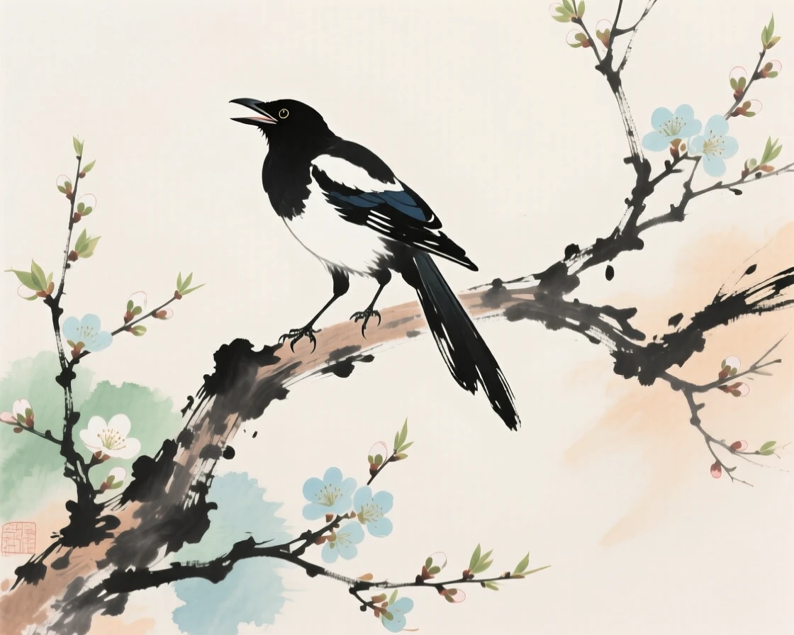 A magpie perched on a bare winter branch calling into the cold air, as spring blossoms unfold, full of quiet reverence.