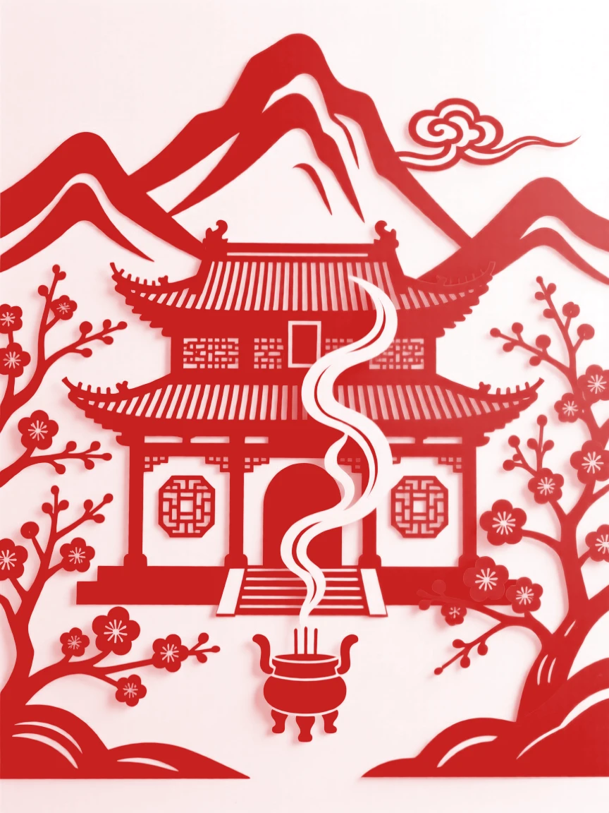 A mountain monastery, framed by blossoming trees in full spring bloom, smoke curling gently from a nearby incense burner.