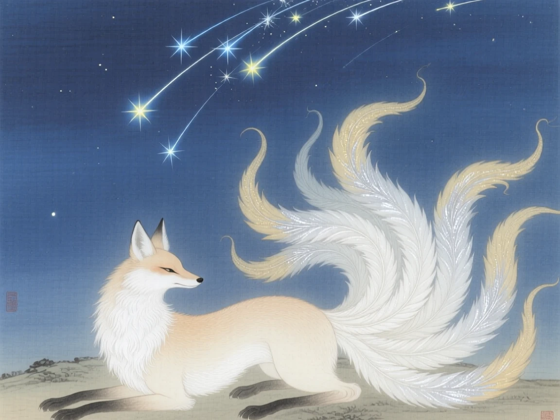 A nine-tailed fox spirit with softly glowing fur beneath a sky filled with shooting stars
