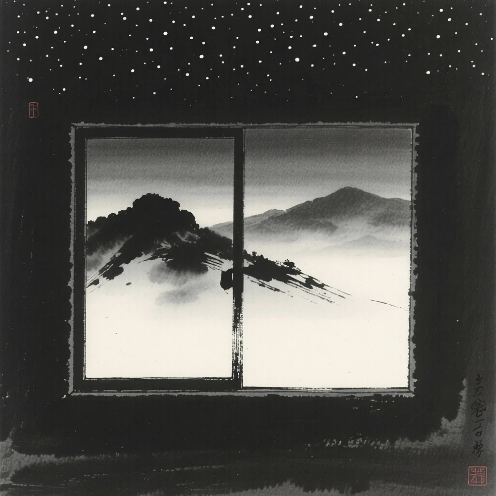A solitary window open to a misty mountain view beneath a canopy of quiet stars, framed with soft, diffused light throughout, suggesting quiet longing and gentle stillness.