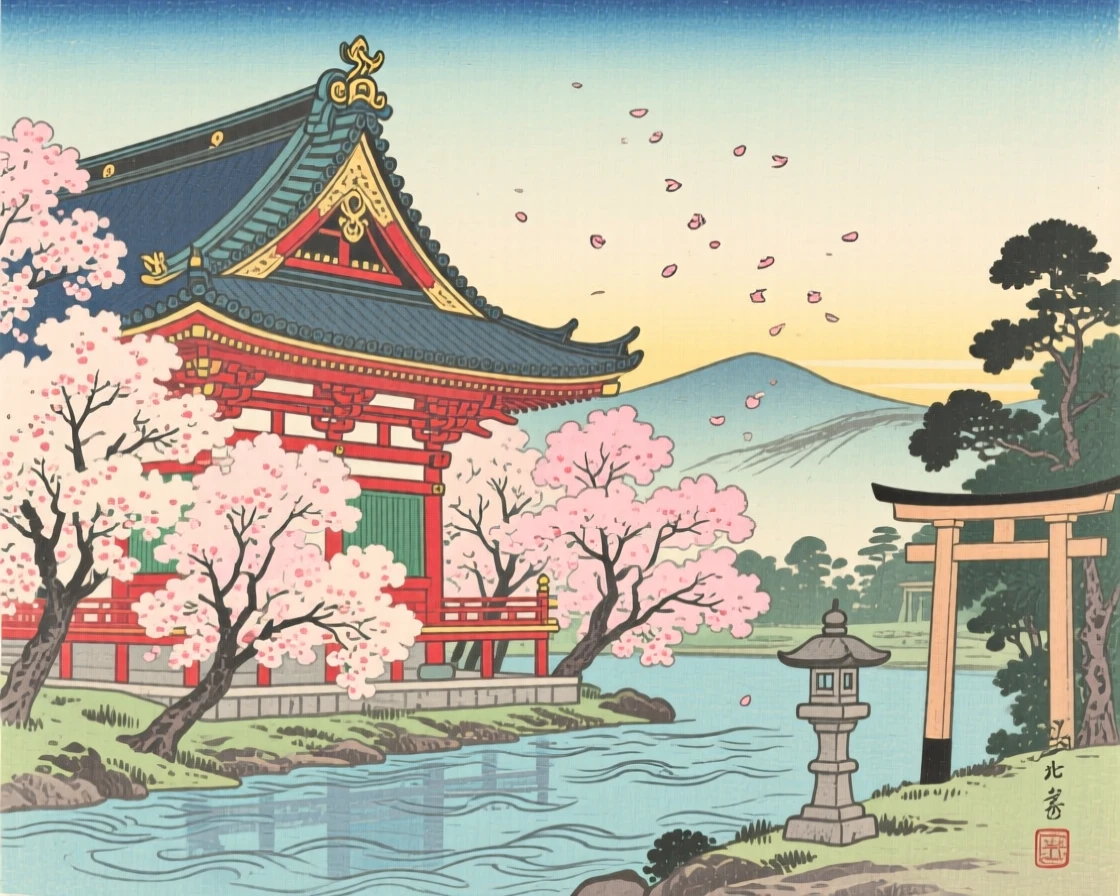 An ornate temple rooftop rising above blossoming cherry trees.