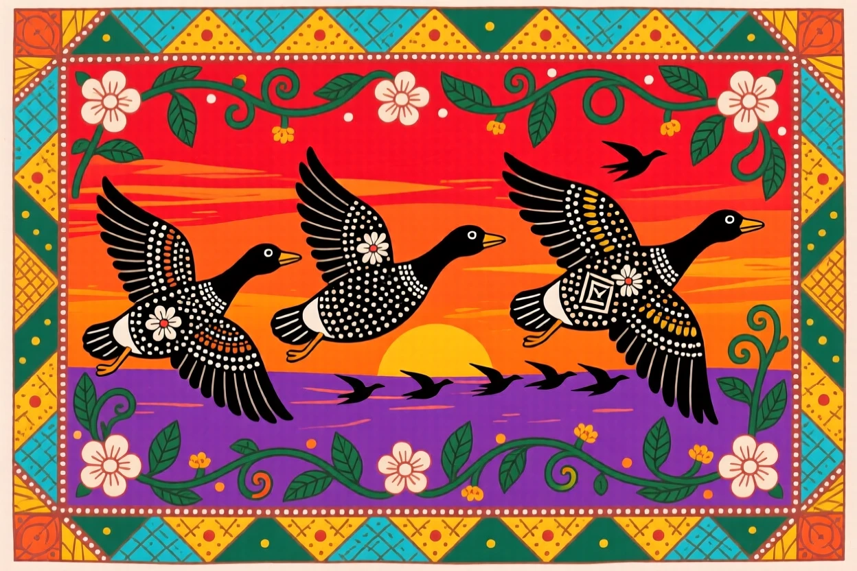 A group of wild geese flying south in formation at sunset.