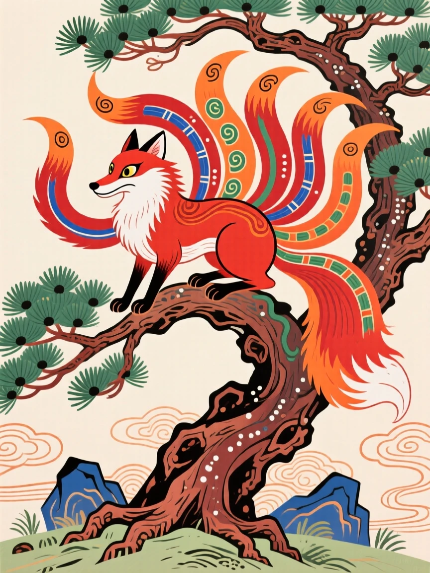 A powerful depiction of a nine-tailed fox perched atop an ancient pine.