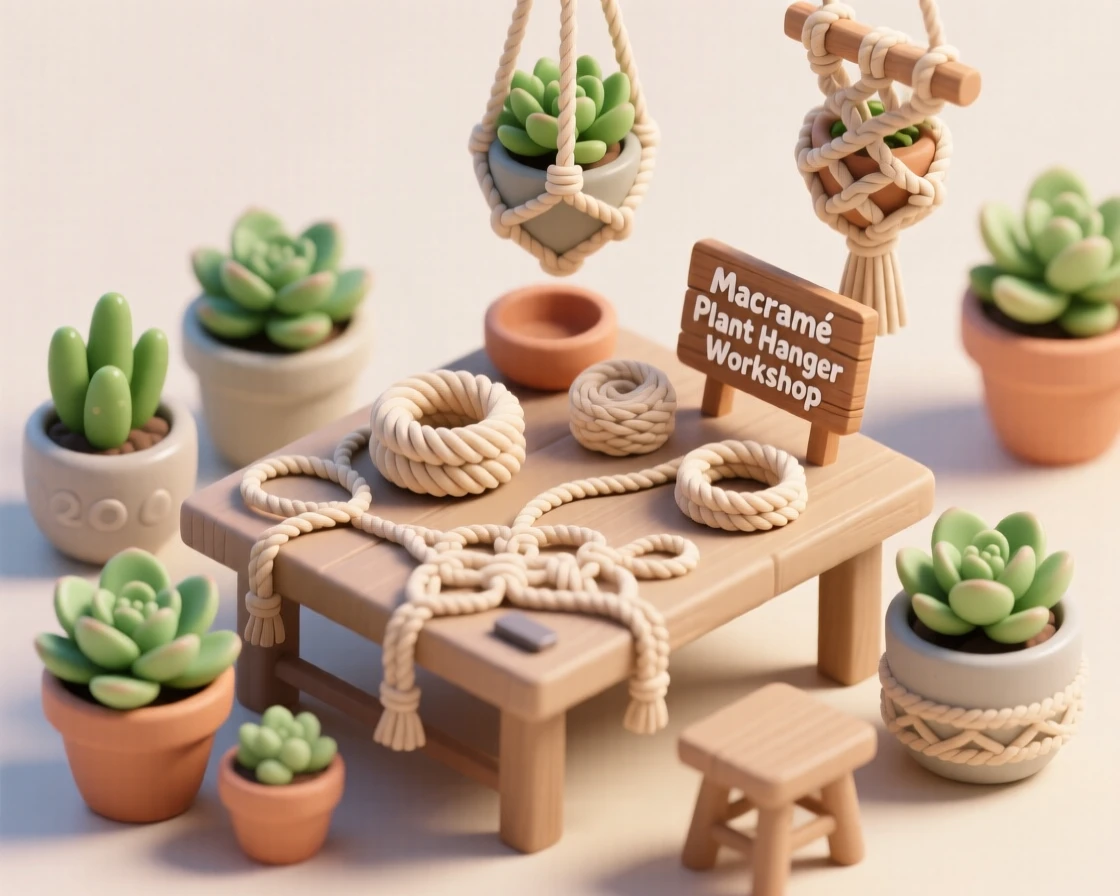 A macramé plant hanger workshop with knotted rope patterns taking shape, potted succulents waiting to be displayed.