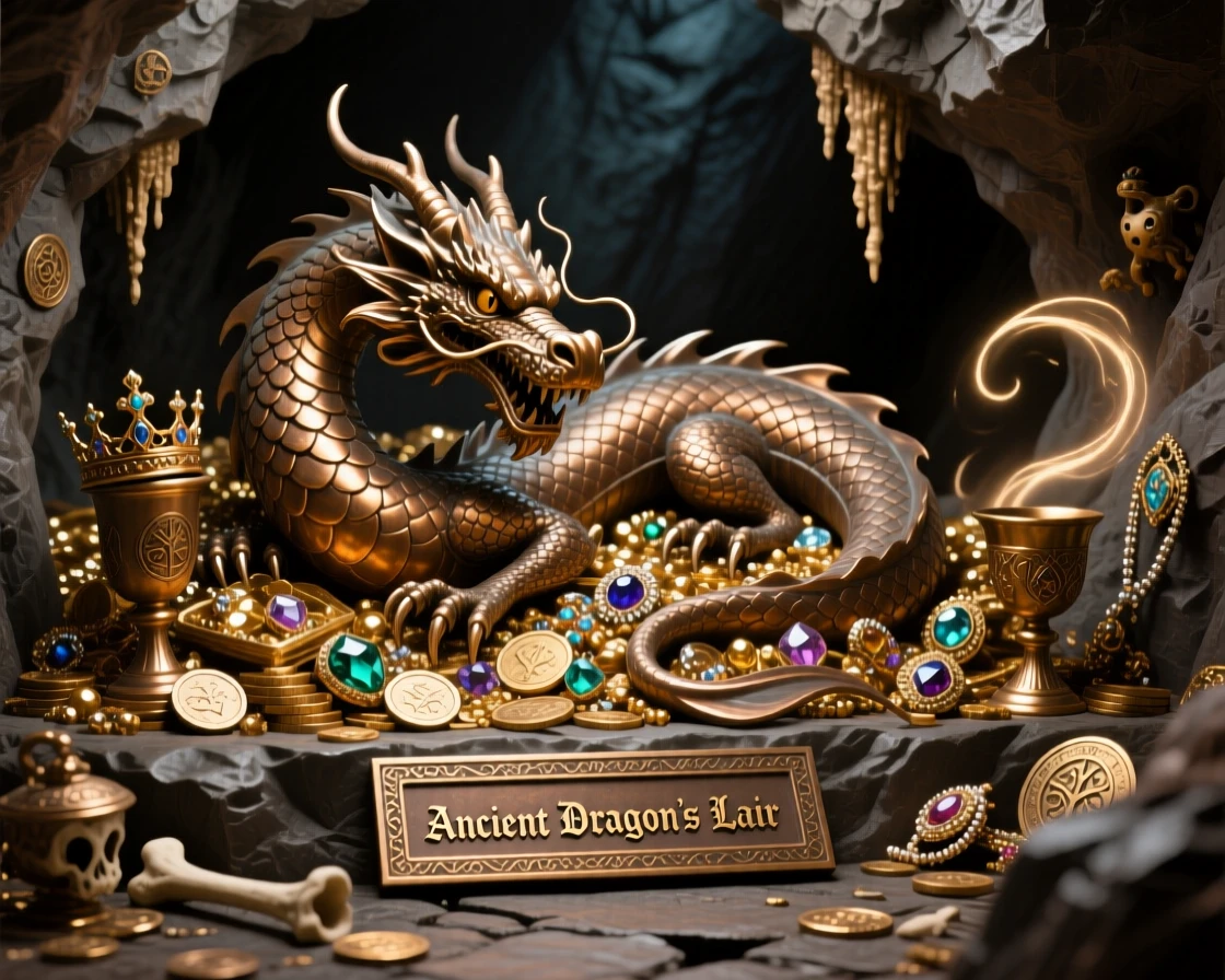 An ancient dragon's lair filled with glittering treasure, with intricate, fantastical detail throughout, transporting the viewer to another world