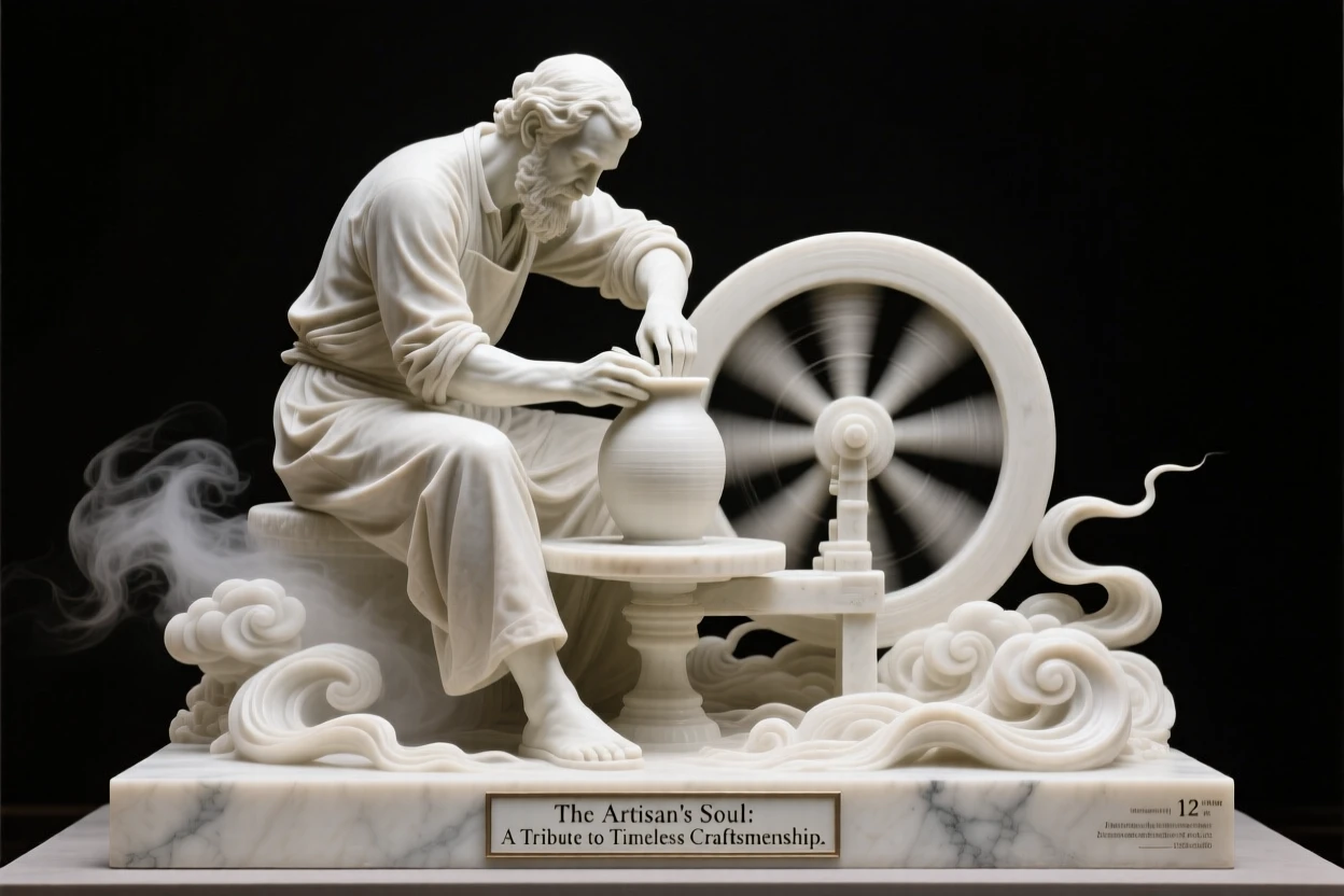An evocative depiction of a potter shaping clay on a spinning wheel, amid swirling clouds and mist, balancing detail with emotional depth