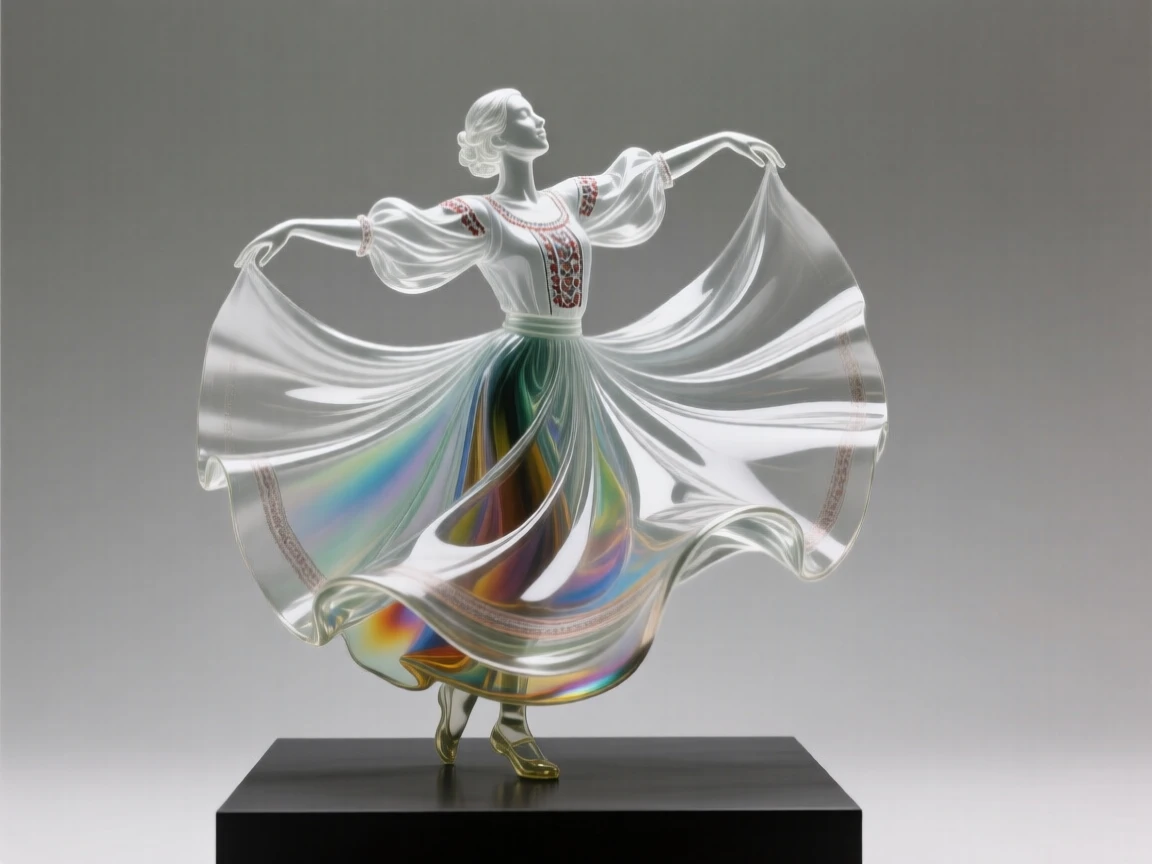 With the sound of applause rising from an unseen audience, a folk dancer twirling in a wide, colorful skirt