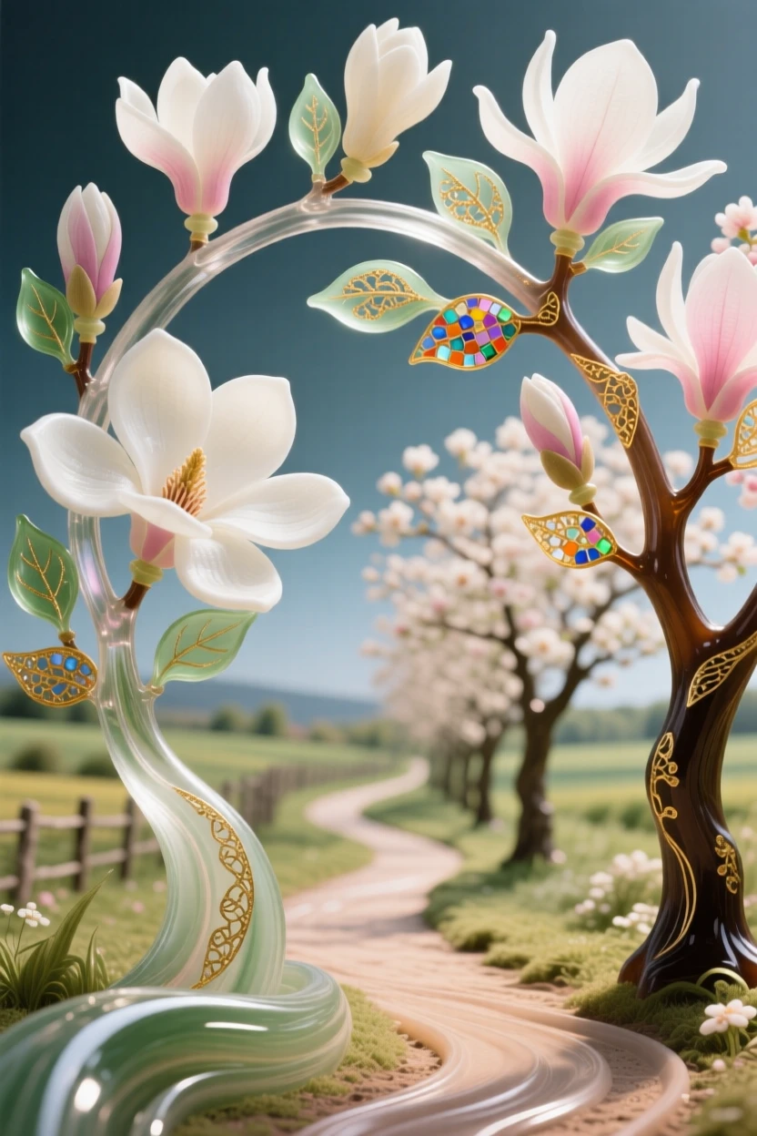 A field of blooming magnolia trees lining a quiet countryside path, romantic and fragrant.