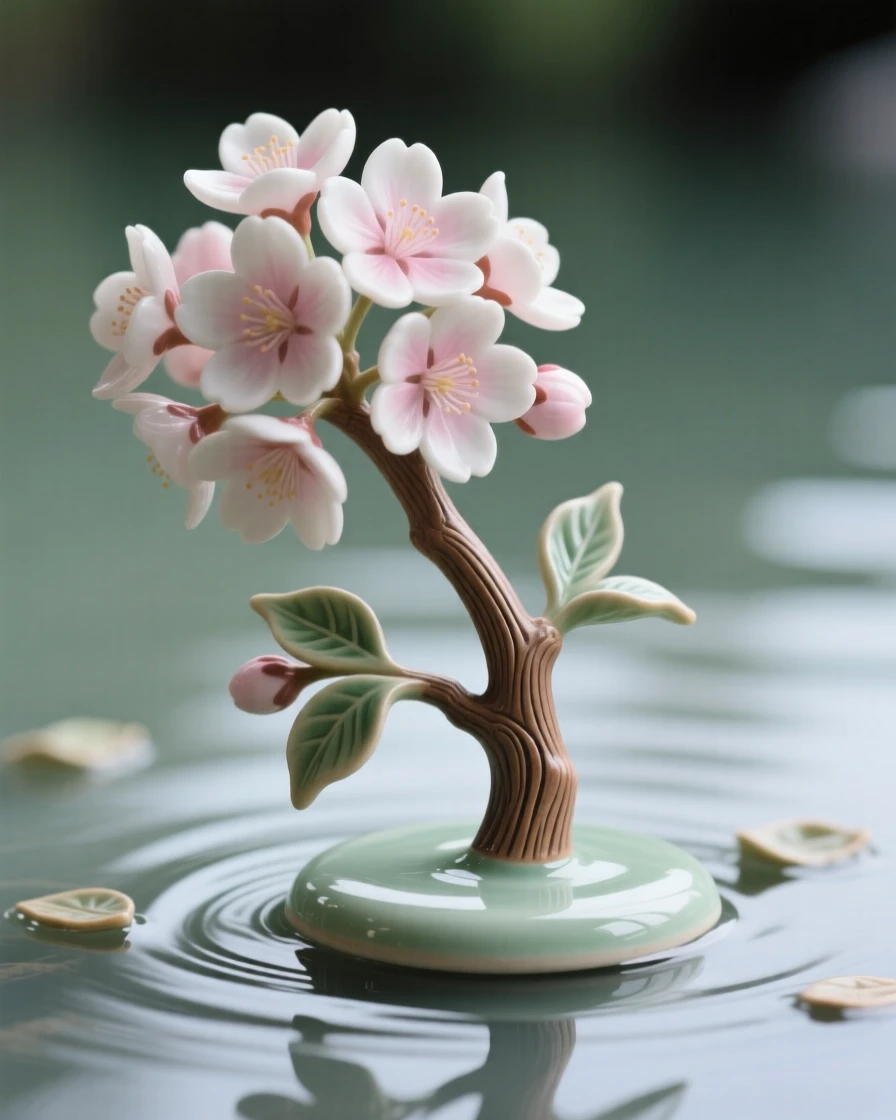 A cluster of cherry blossoms on a slender branch resting delicately atop still water, framed by a scattering of small leaves, radiating freshness and natural elegance.