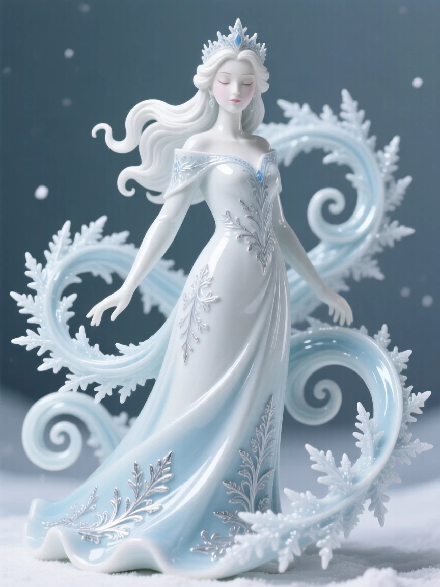 A storybook depiction of the Snow Queen commanding swirling patterns of frost, rendered with warm, nostalgic charm.