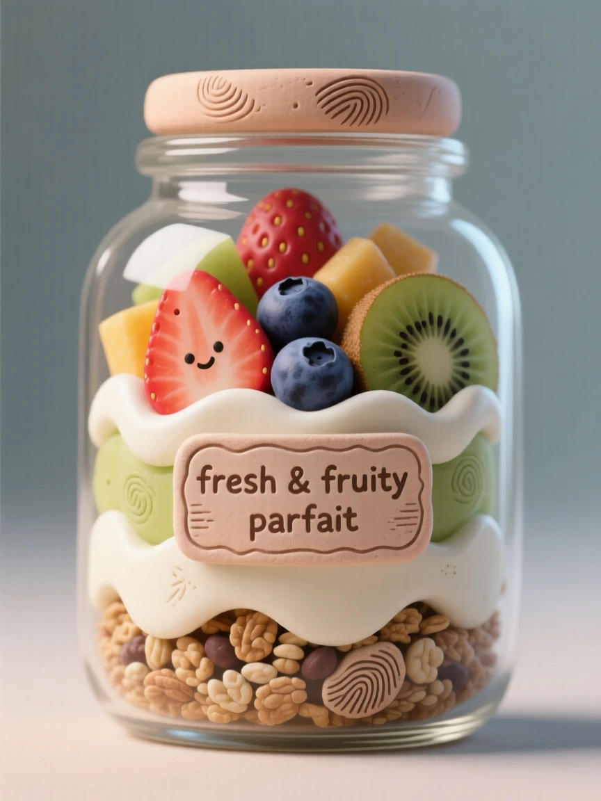 A glass jar layered with fresh fruit parfait and granola