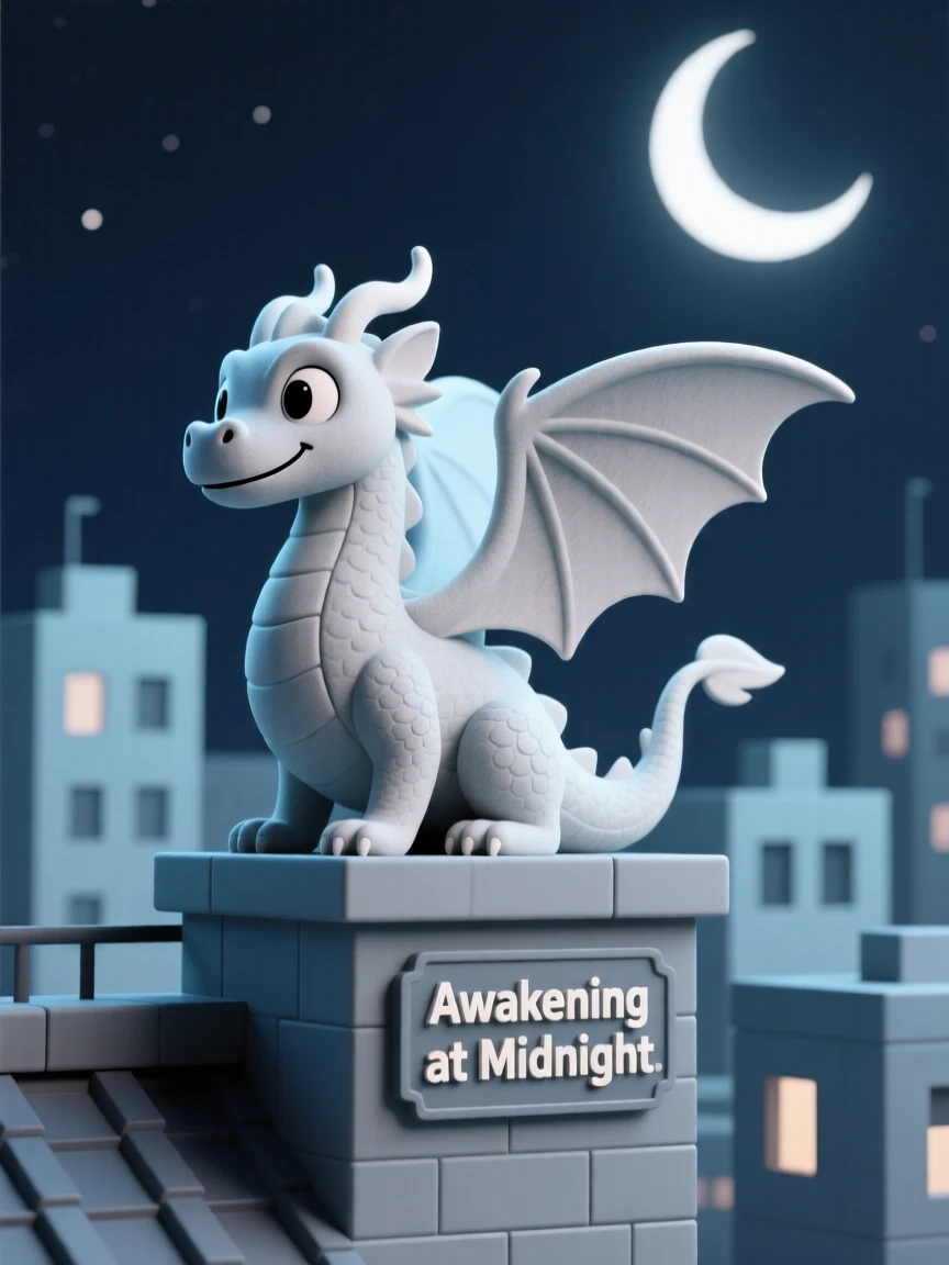 A gentle stone dragon statue awakens at midnight, stretching stiff wings before soaring silently over a sleeping city.