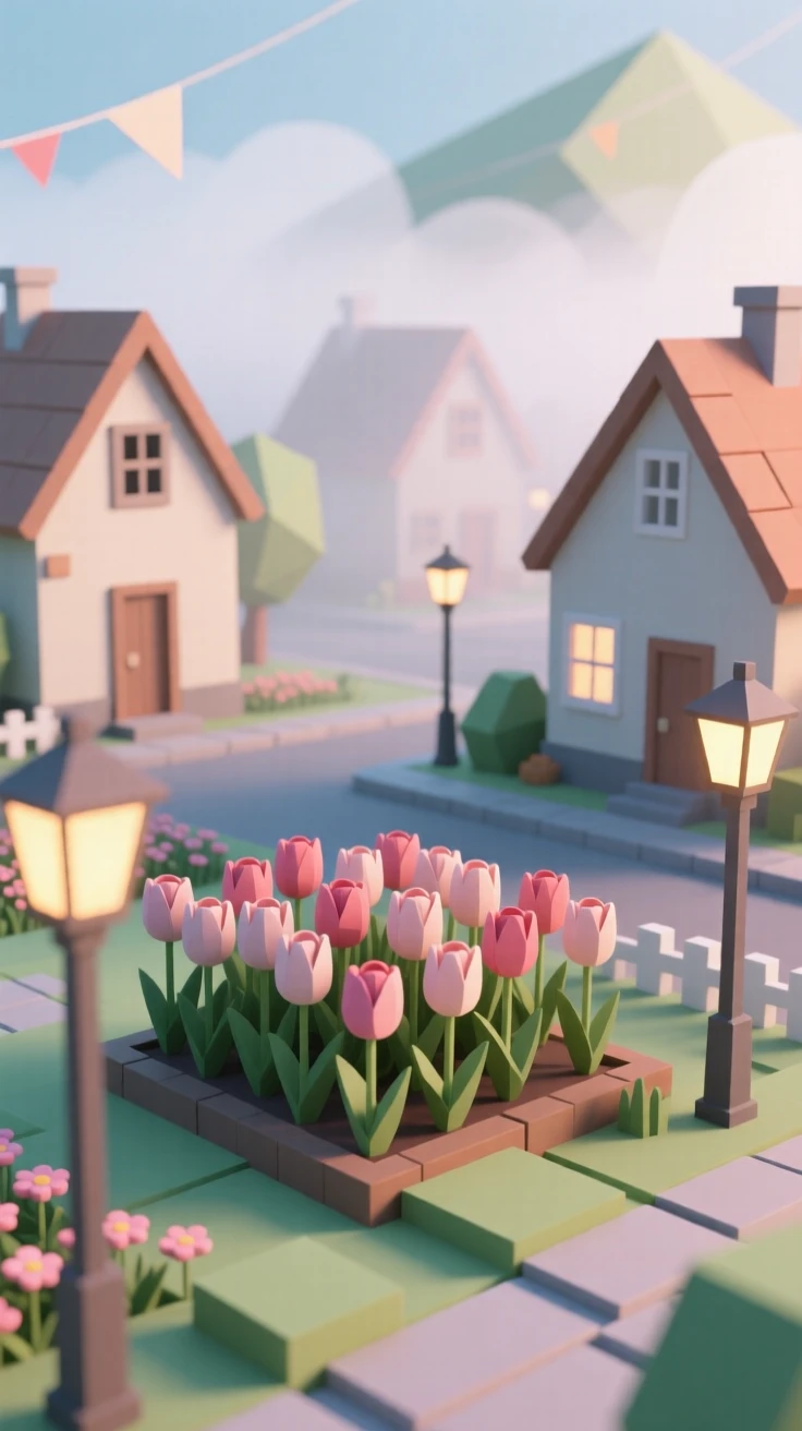 A spring garden bursting with blooming tulips, as morning mist clears over a festive village. warm glowing lights create a festive ambiance. It captures a moment of pure celebration.