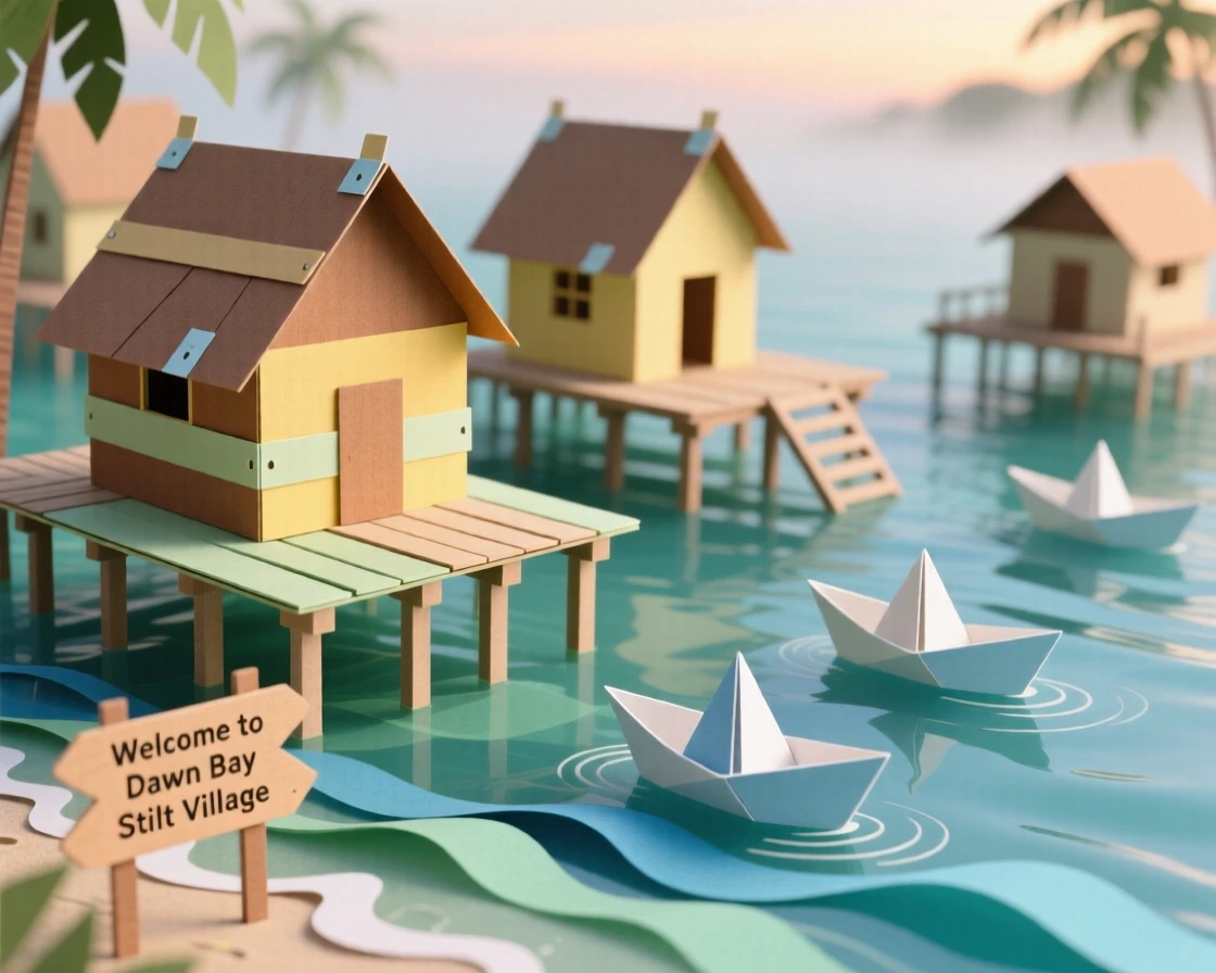 A tropical stilt village over clear water quiet and misty at early dawn, with small boats resting along the water, capturing a sense of discovery and adventure.