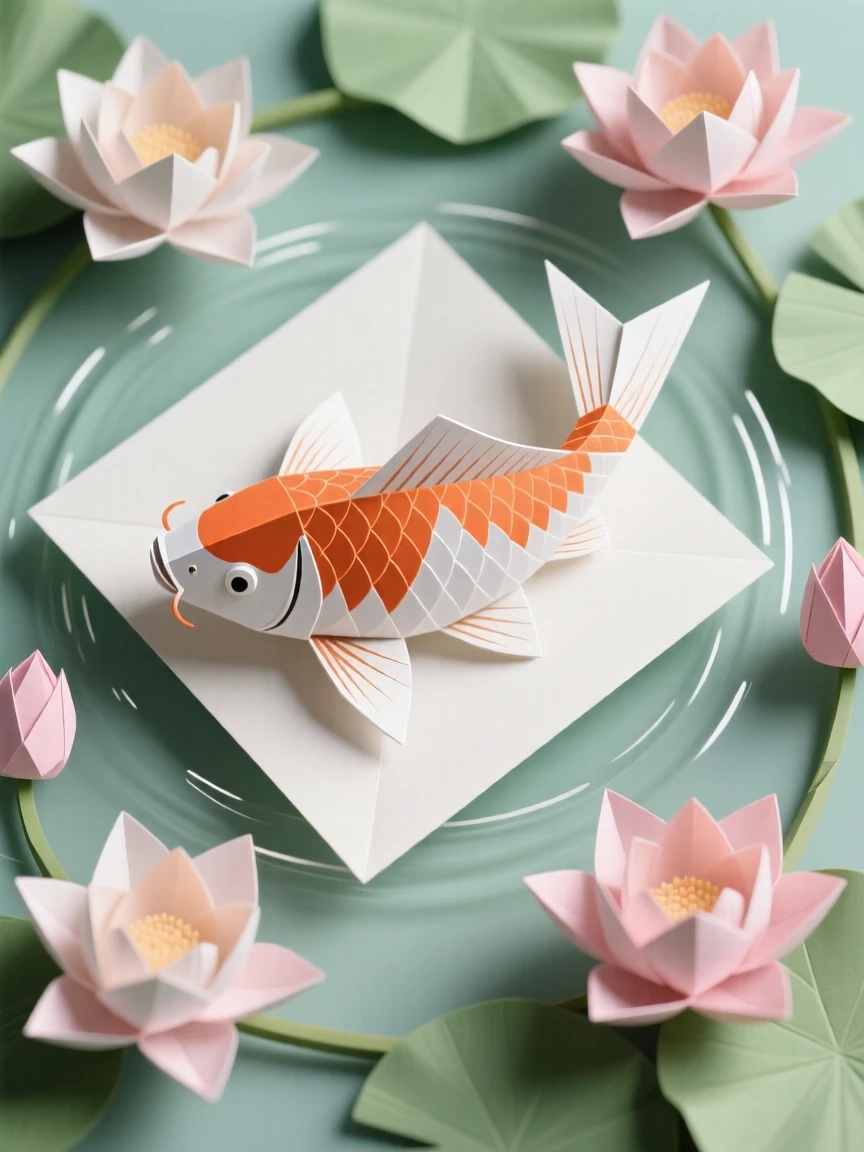 A stylized koi fish swimming in a circular pattern among lotus blossoms.
