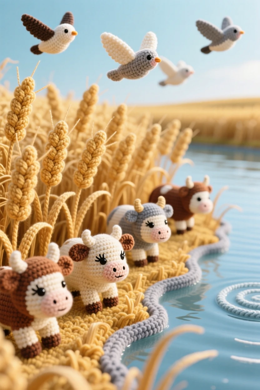 A picturesque scene featuring a field of golden barley swaying gently, beneath a soft pastel sunset, dotted with distant grazing cattle beside a peaceful stretch of open water, accompanied by a small flock of birds passing overhead, capturing quiet wonder at the wild world.