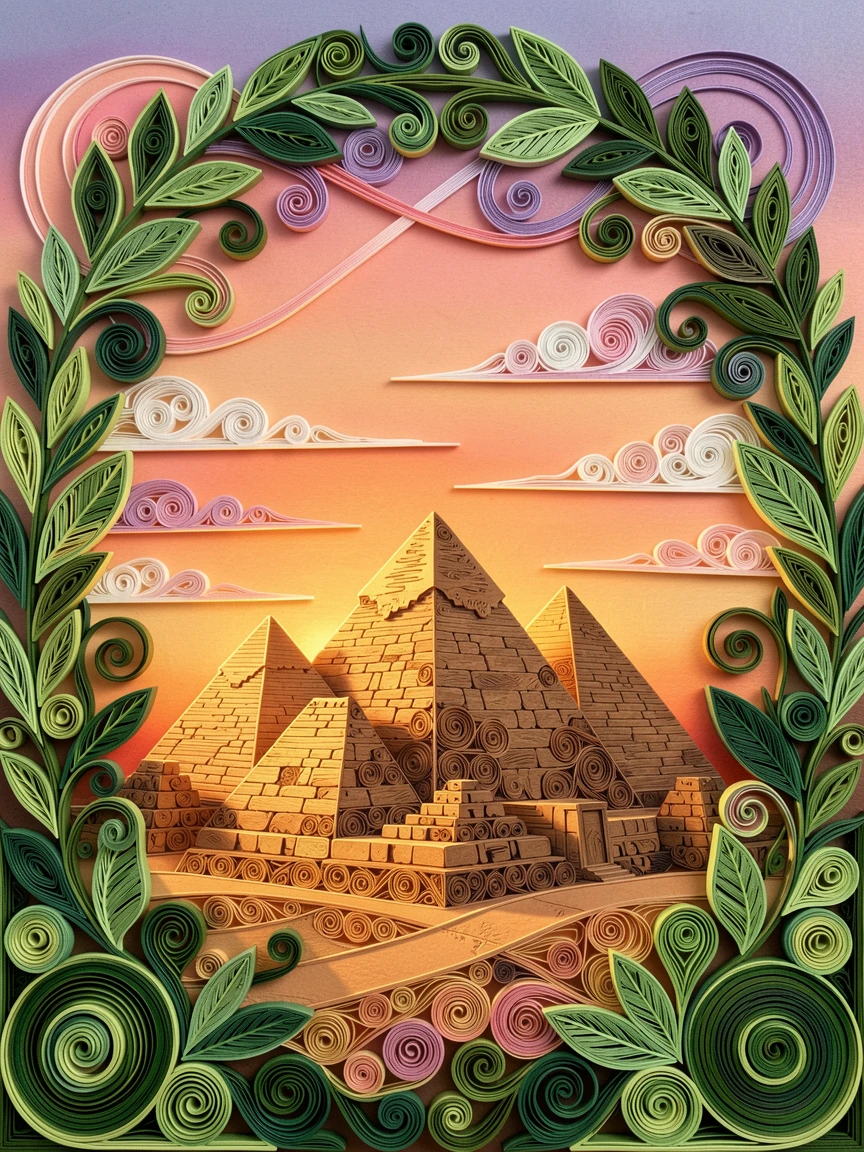 the pyramids of Giza glowing under a desert sunset, beneath a sky painted in soft sunset gradients, framed within a natural archway of foliage, with delicate clouds streaked across the horizon.
