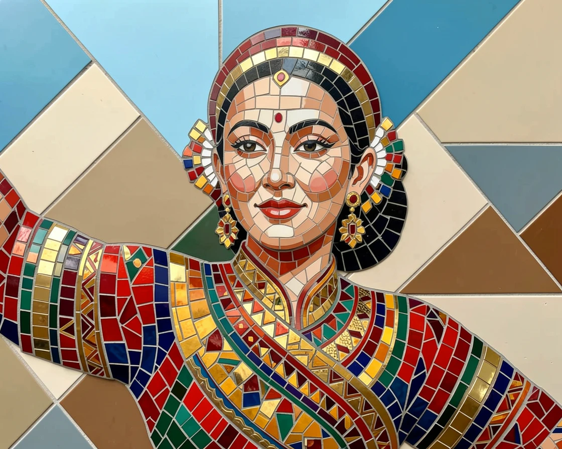 A close-up emotional portrait of a traditional dancer in vibrant cultural dress mid-performance, with striking eyes and gentle expression.