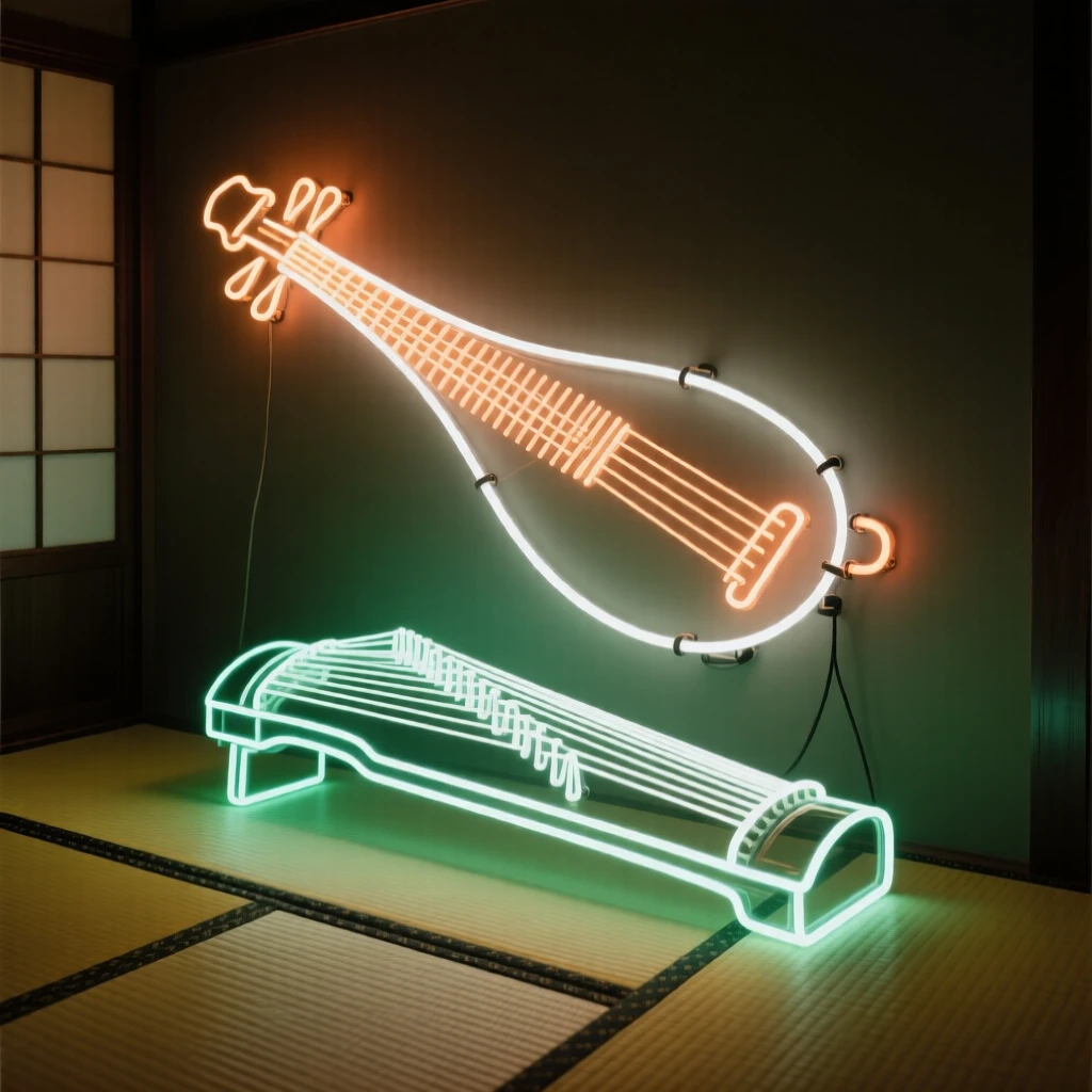 A koto resting on a tatami mat in a quiet room.