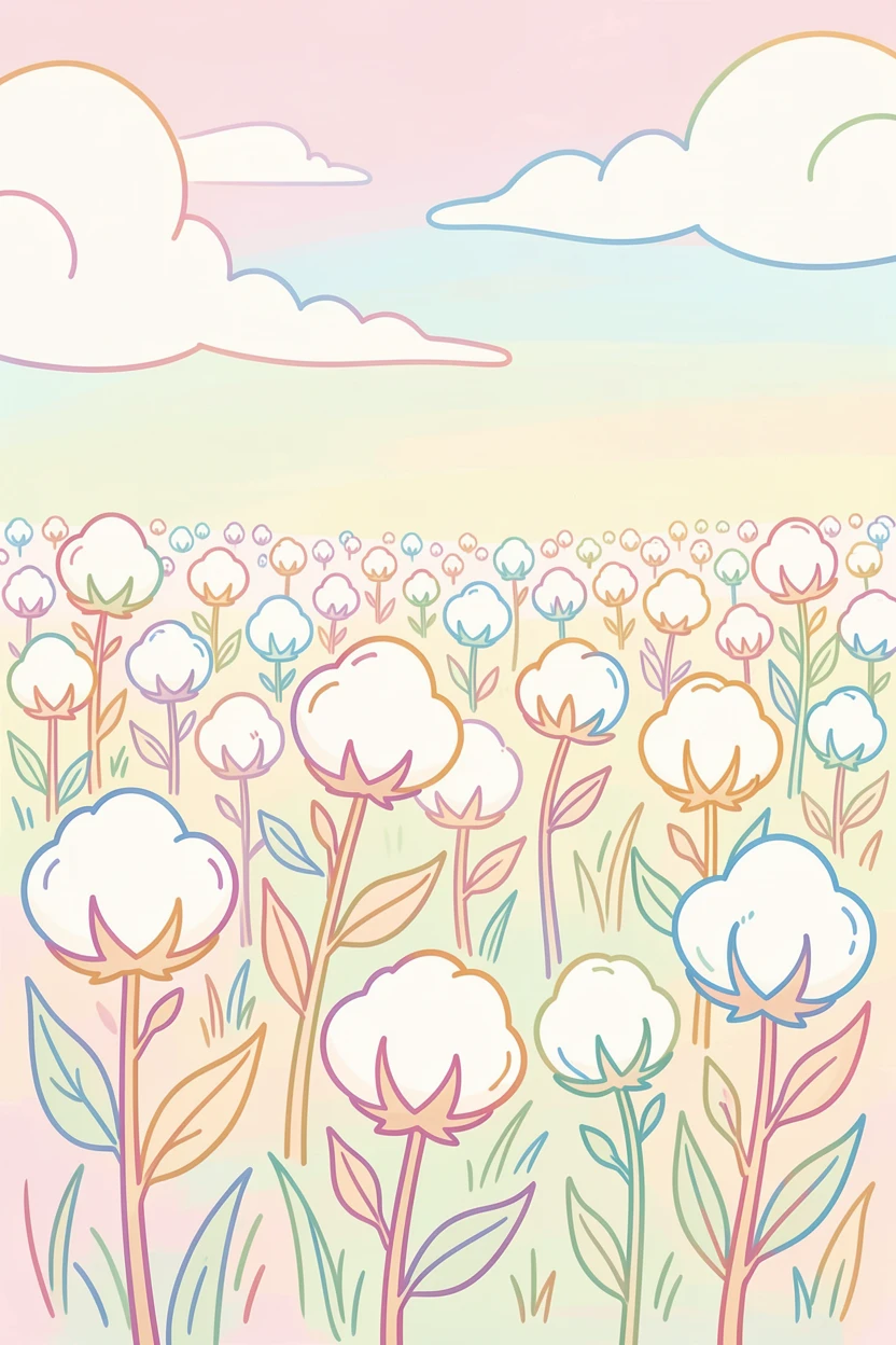 A field of cotton ready for harvest under a soft pastel sky.