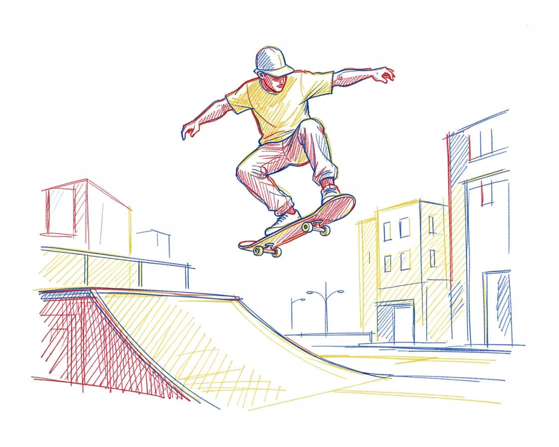 A skateboarder catching air off a ramp against an urban backdrop