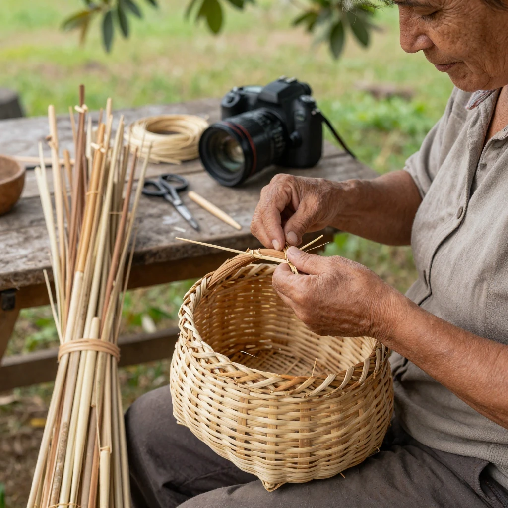 A traditional basket weaver crafting with dried reeds