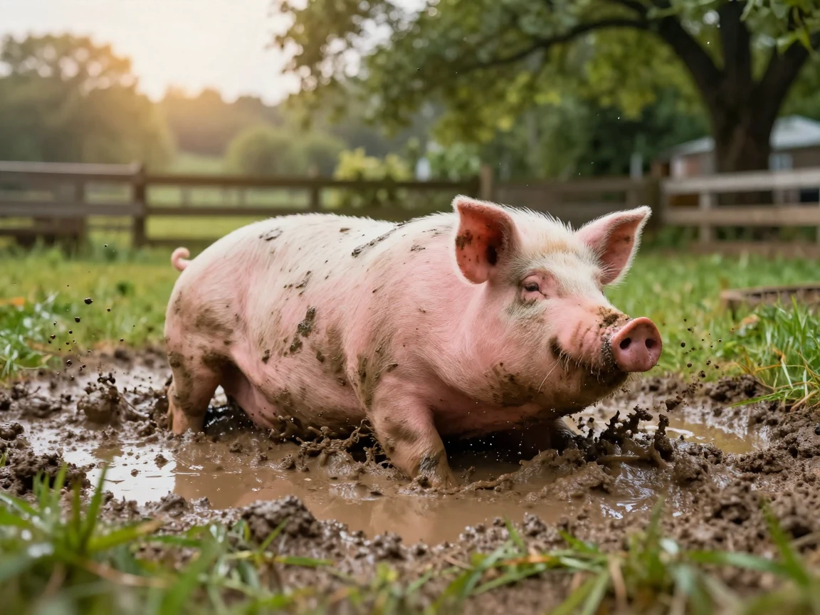 A pig rolls happily in a fresh mud puddle after a summer rain.