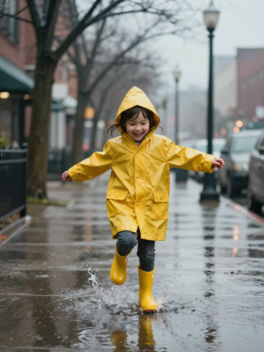 A little girl in a raincoat jumping into puddles with her yellow boots