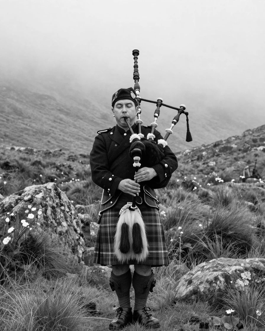 A Scottish piper plays bagpipes at a highland gathering on a misty hillside.
