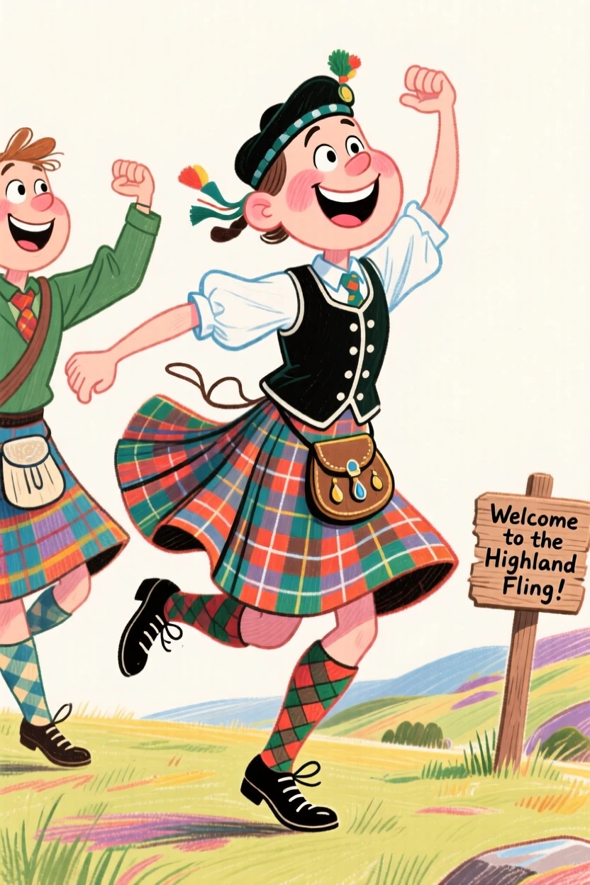 Traditional Scottish dancers performing the Highland fling in full tartan kilts.
