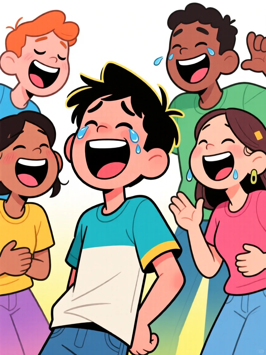 A funny expressive moment showing a teenager laughing uncontrollably at their own joke, as everyone around them bursts into laughter.