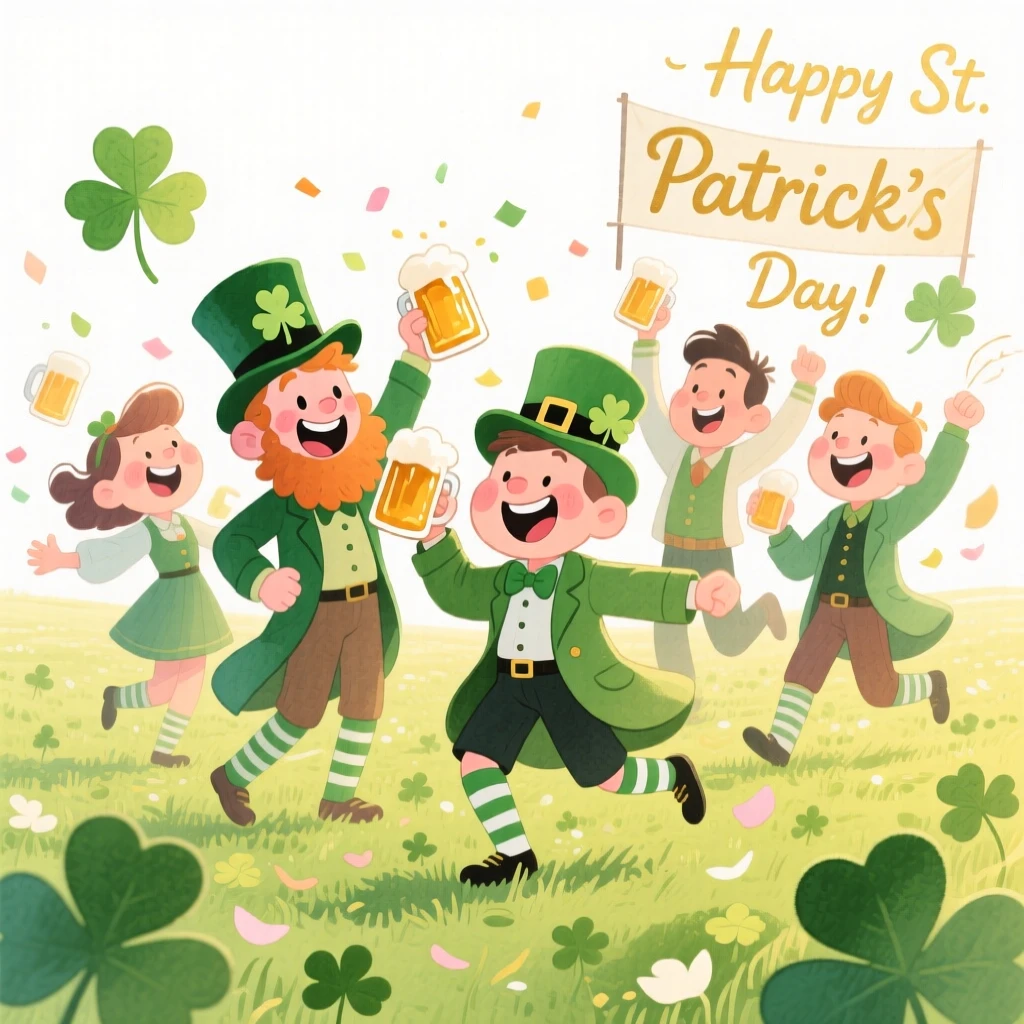 A joyful celebration scene of a St. Patrick's Day celebration with clover-covered fields, glowing with soft festive light