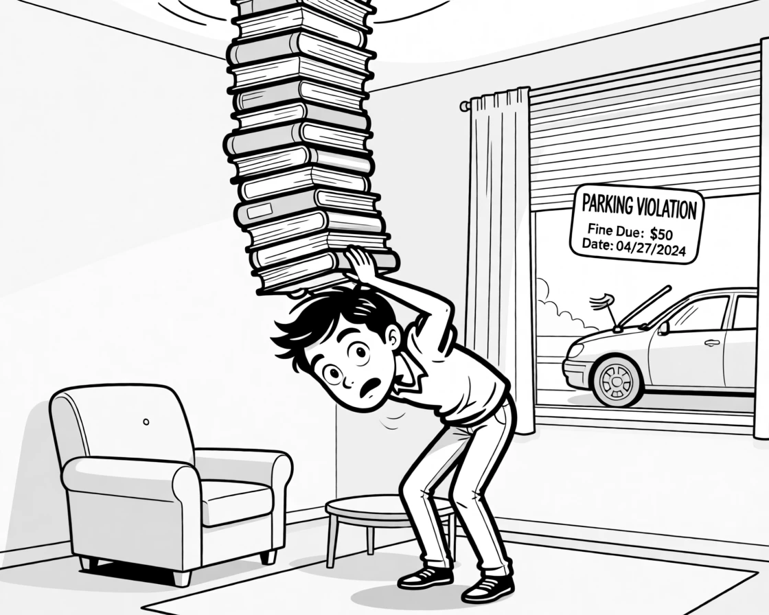 A student cramming with textbooks piled to the ceiling, ducking dramatically the instant eye contact is made, set in a quiet suburban living room. A parking ticket flutters ominously under a wiper. The scene captures the comedy hidden in ordinary days.