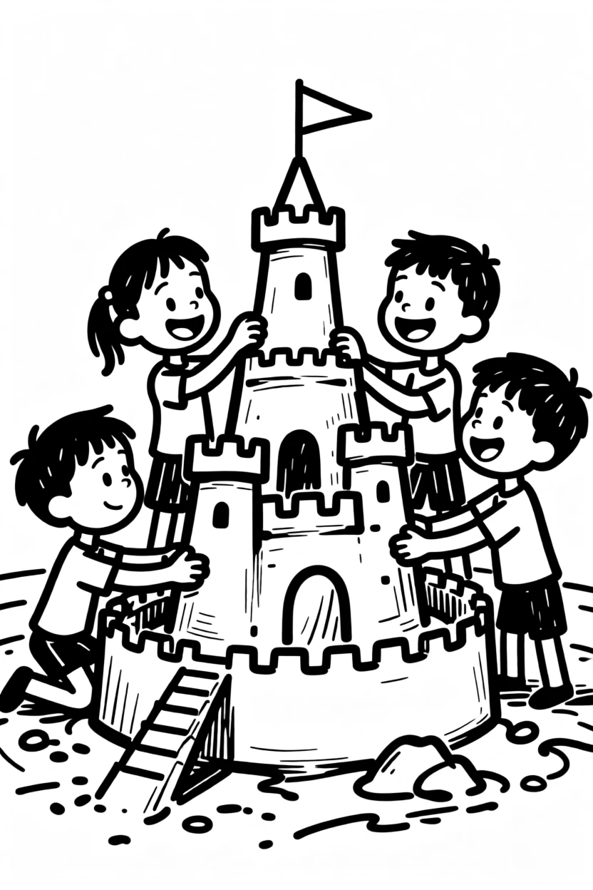 A group of kids building an elaborate sandcastle complete with a moat and flags.