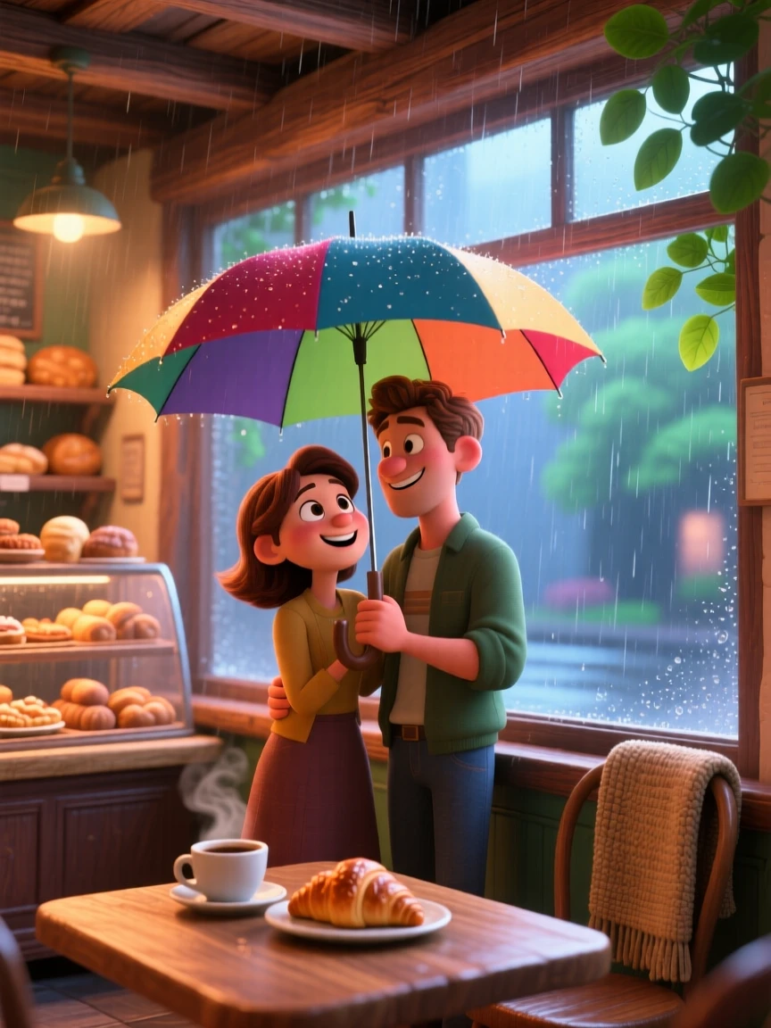 A young couple sharing an umbrella in light rain is captured in a cozy corner bakery early in the morning, with a light breeze stirring nearby leaves. The atmosphere feels cozy, human, and full of small joys.