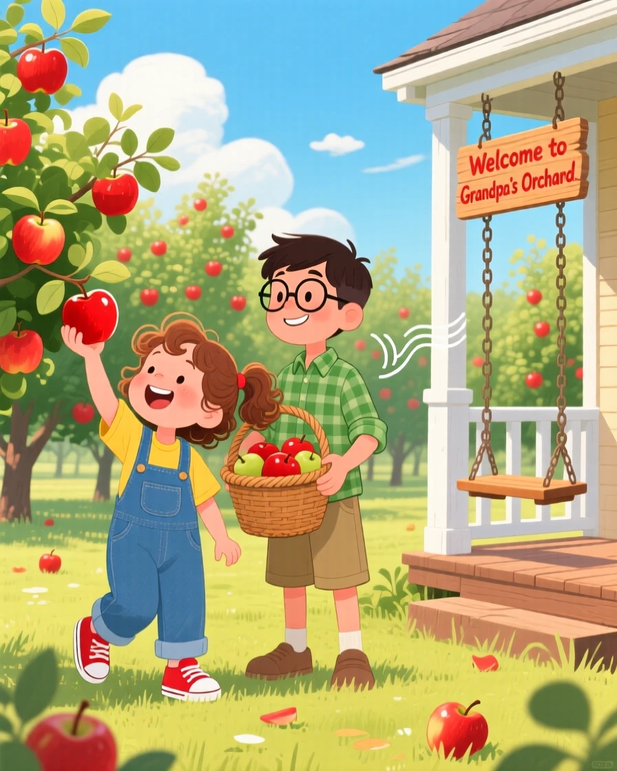 A little girl in overalls laughs while picking apples in an orchard together with her older brother, while the porch swing creaks gently.