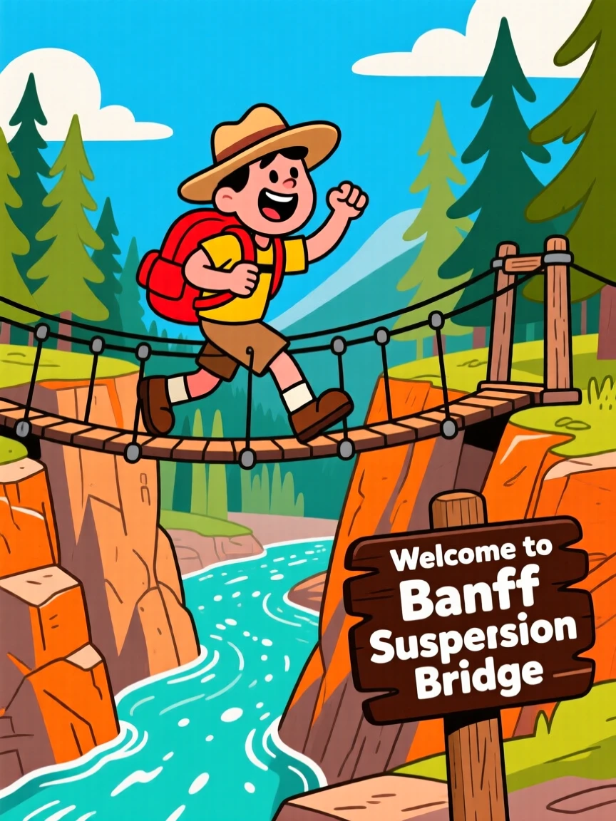 A hiker crossing a suspension bridge over a canyon in Banff.
