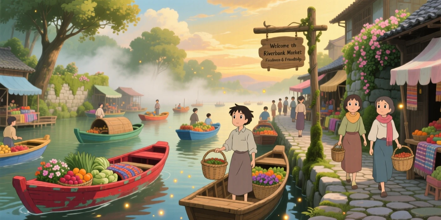 A scenic view of a floating market bustling with colorful wooden boats, as locals stroll along winding cobblestone lanes.