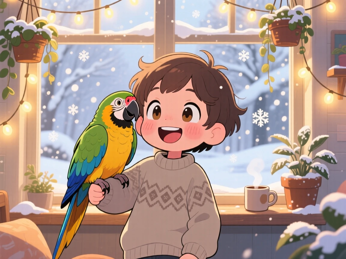 Waist-up portrait: a child and a parrot, sharing a joke with matching grins, set against a colorful sunroom during a cozy winter snowfall, with warm fairy-light glow and a mood of warm affection.