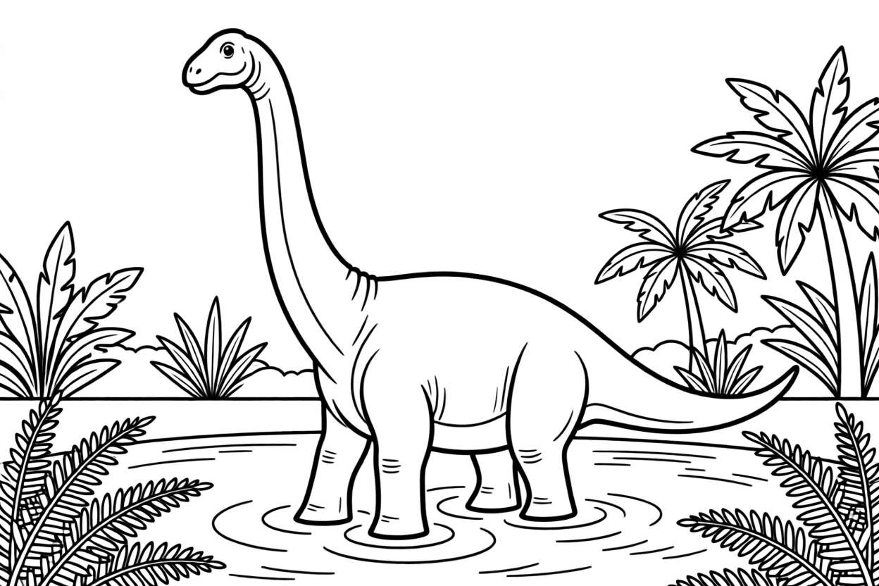 A Brachiosaurus wading through a shallow prehistoric lake