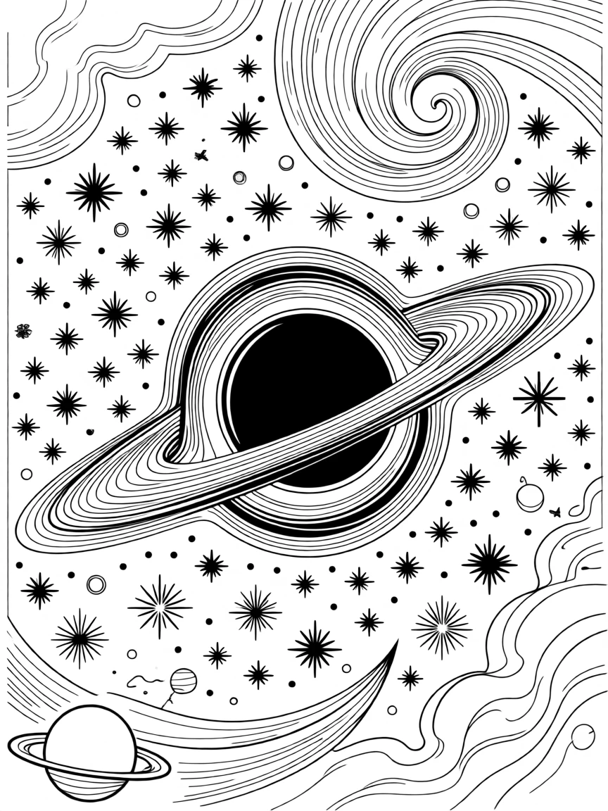 A black hole bending light around a field of stars, with swirling clouds of cosmic dust in the background.