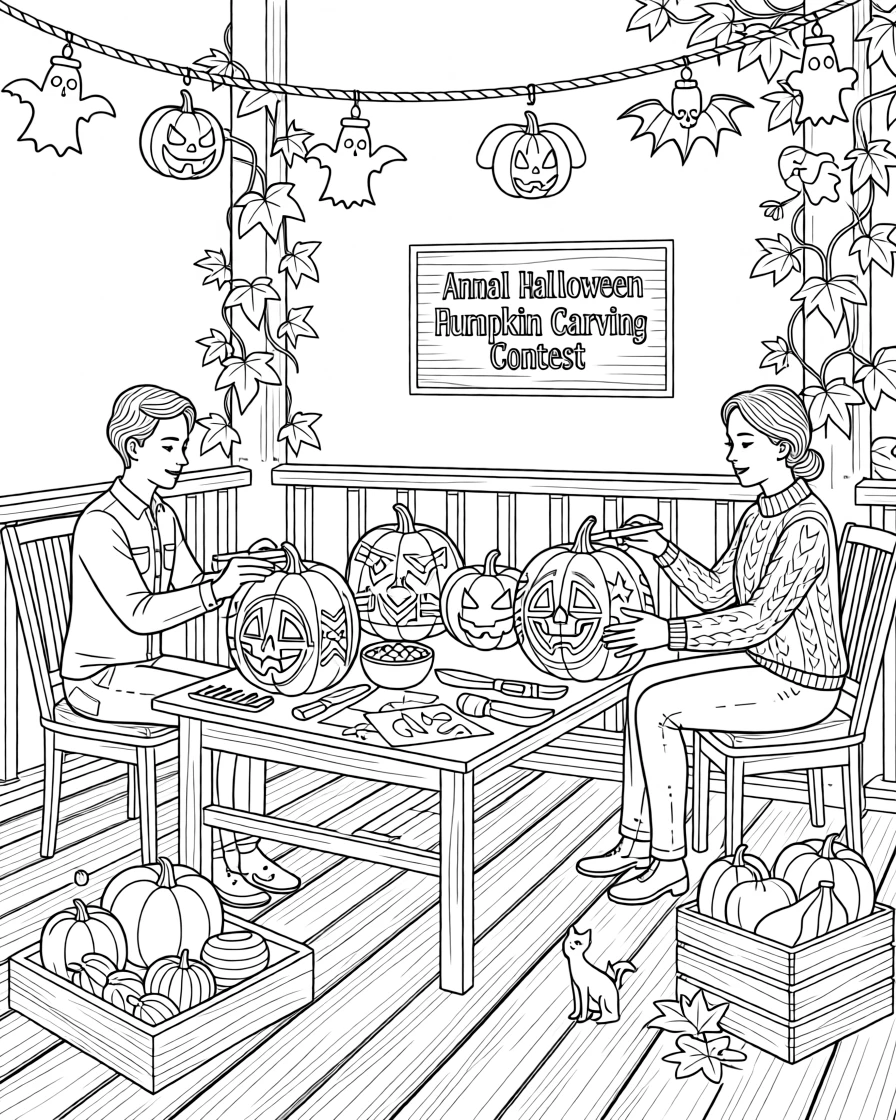 A Halloween pumpkin carving contest scene on a porch table.