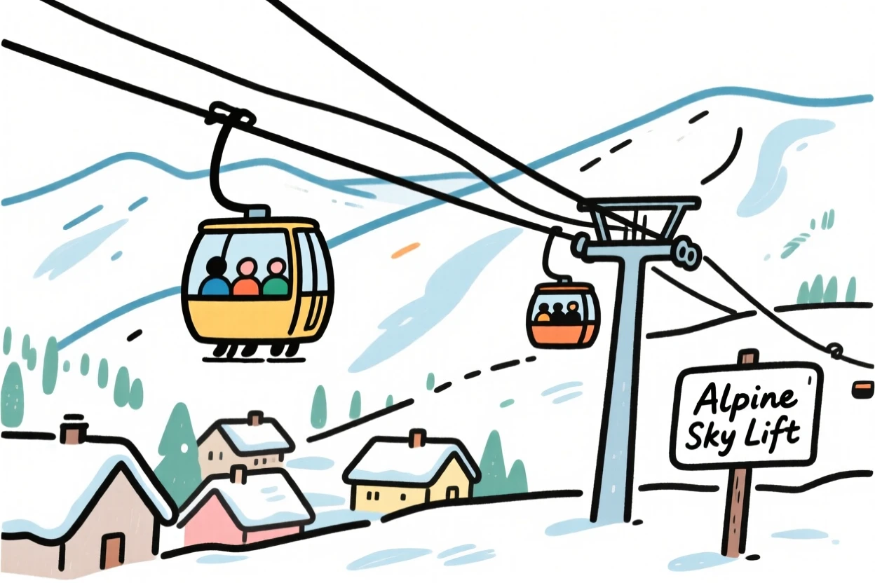 A ski lift carrying passengers over a snowy alpine village.