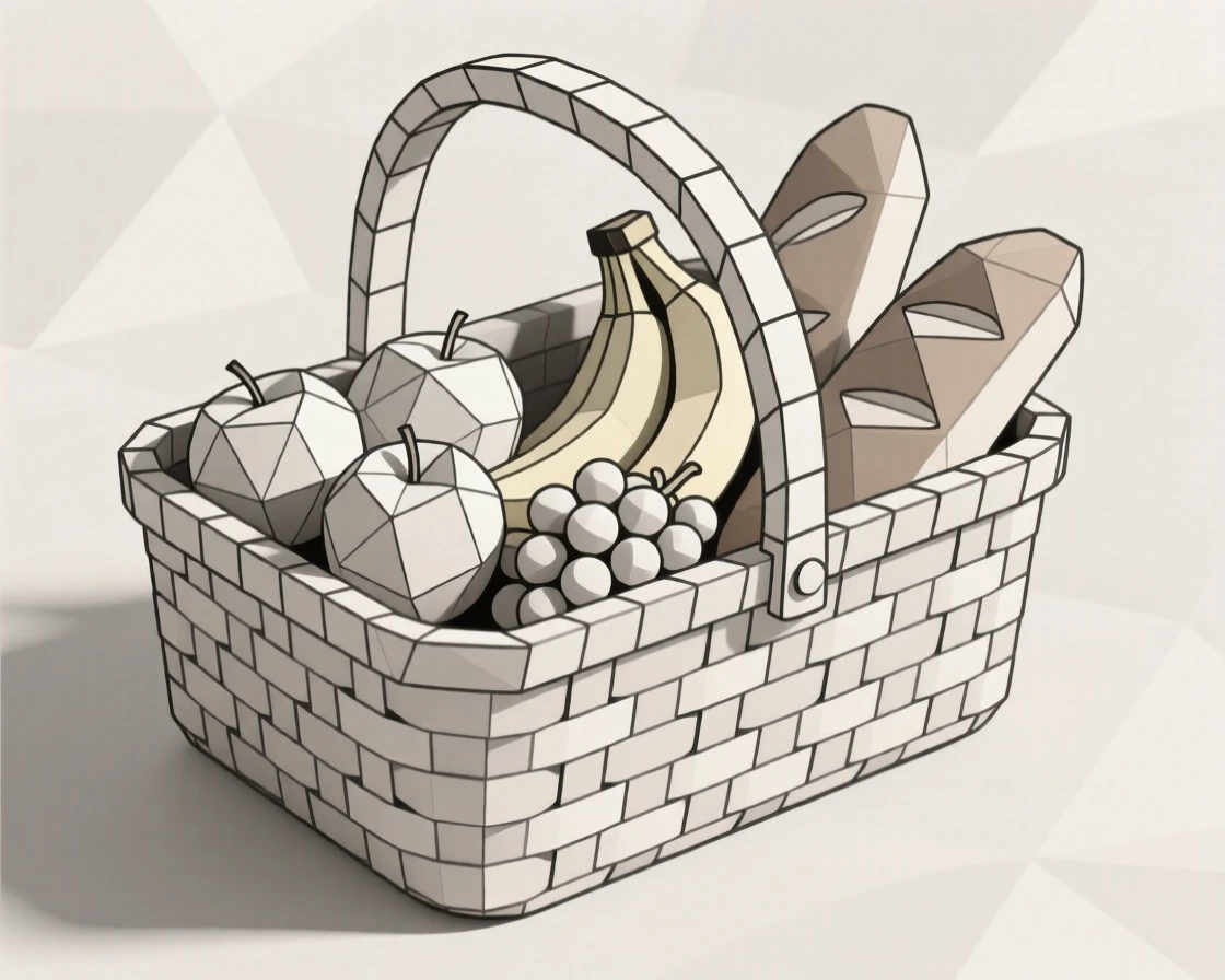 A woven picnic basket packed with fruit and bread
