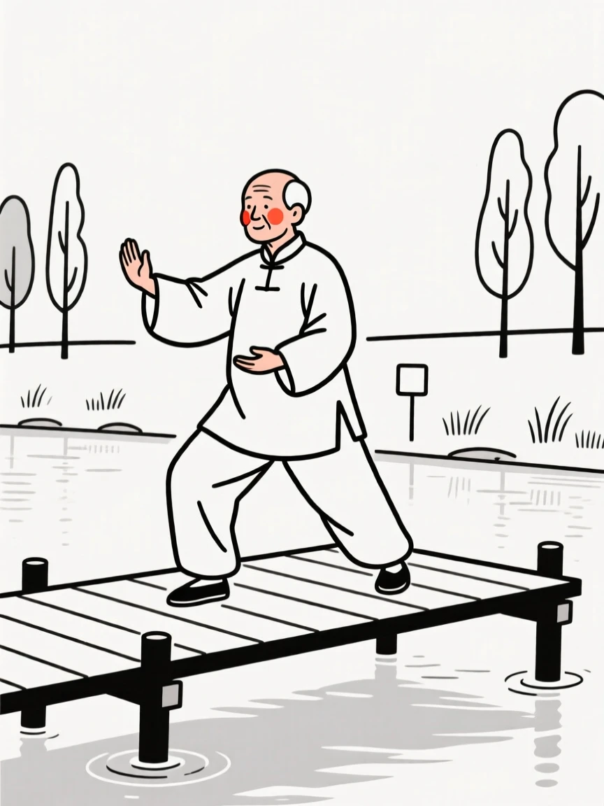 A grandfather practicing tai chi in a quiet park, on a wooden fishing pier.
