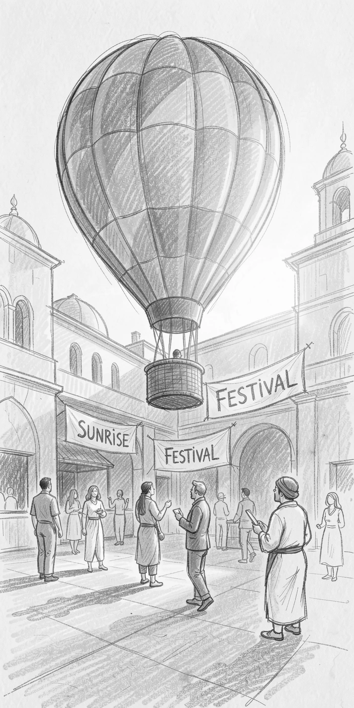A vibrant cultural scene of a colorful hot air balloon rising at sunrise in a warmly lit courtyard, with golden light glinting off polished brass.