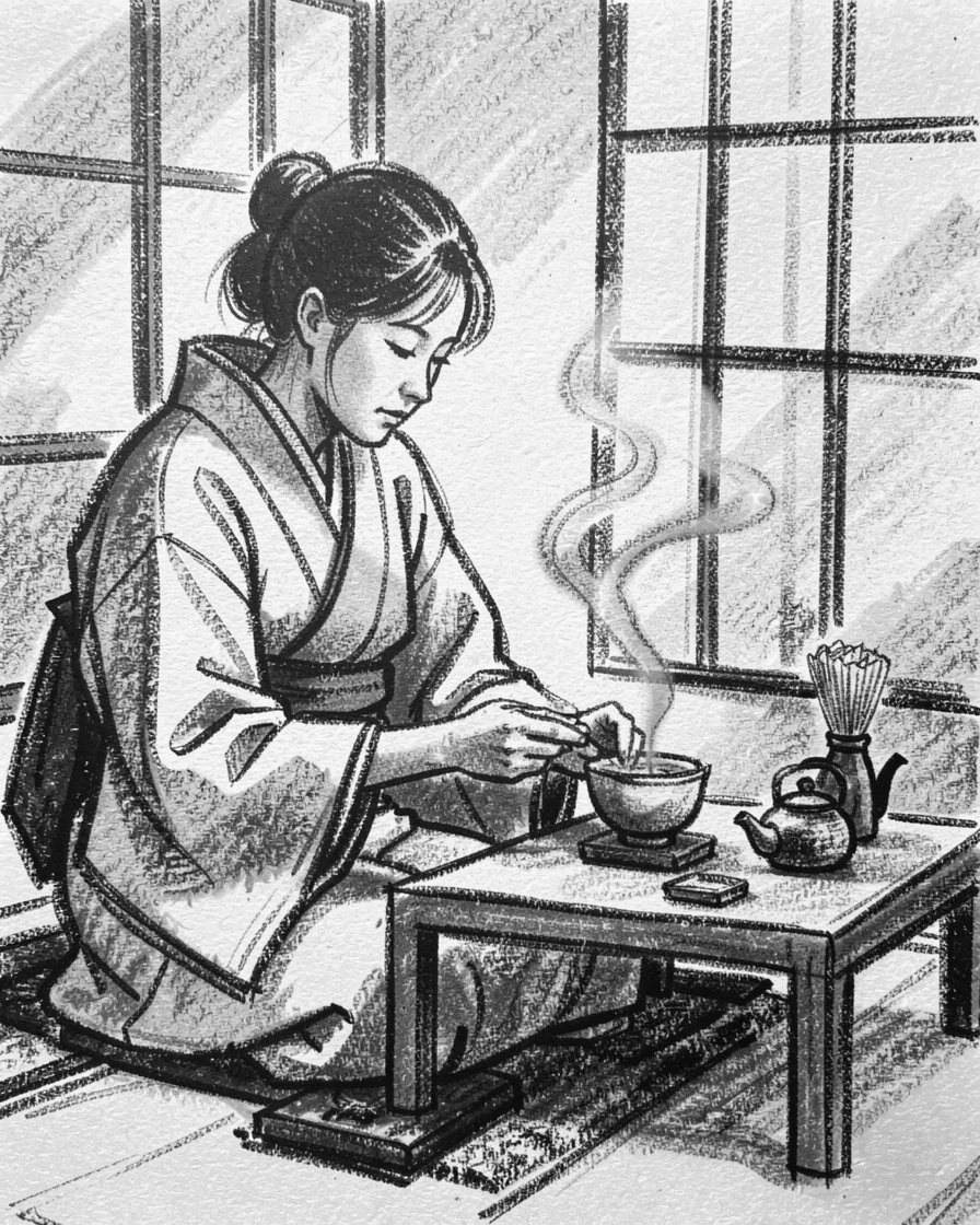 A traditional tea ceremony performed with quiet precision, in the warm glow of early morning light.