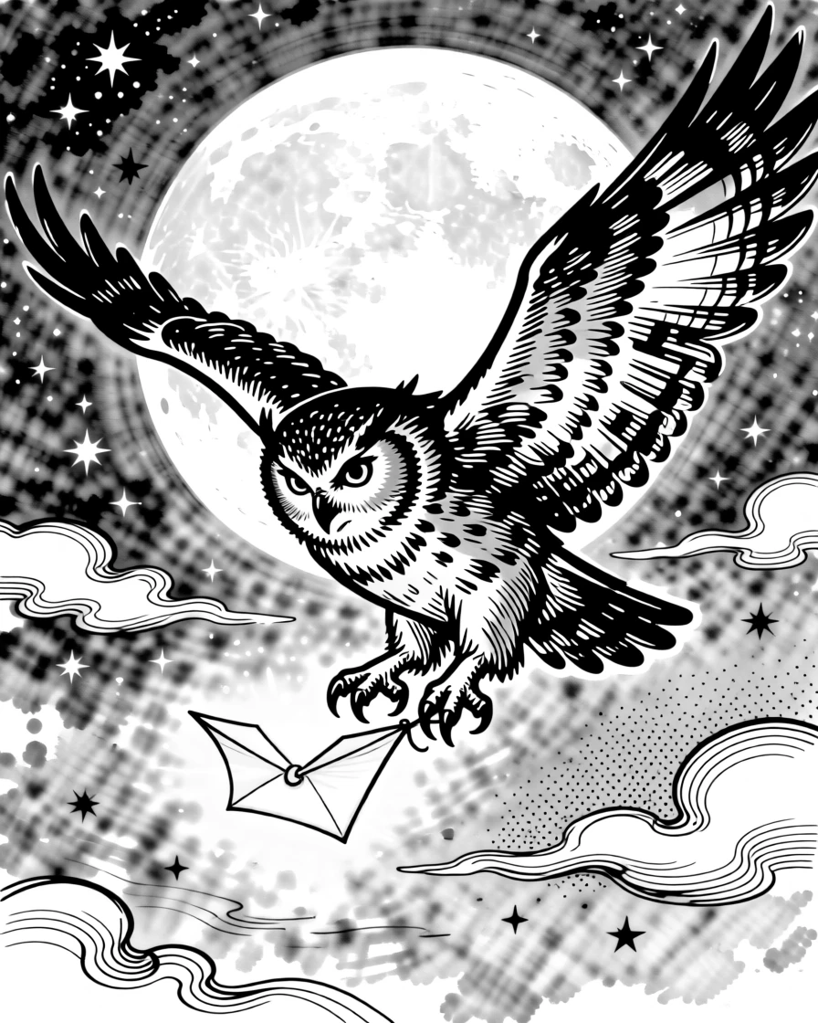 A giant owl messenger delivering a glowing letter through a moonlit sky.