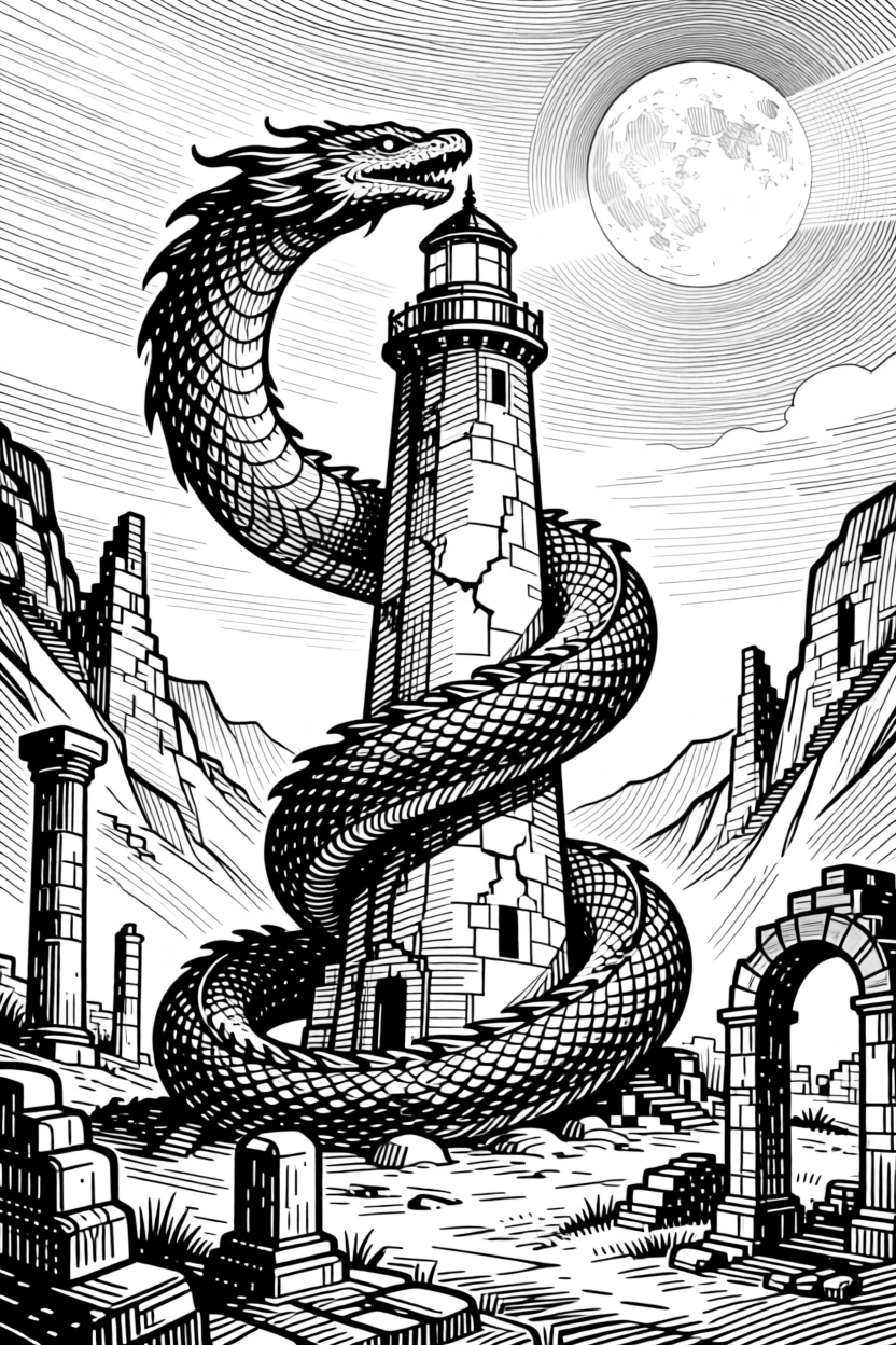 A sea serpent coiling around a lighthouse in a valley scattered with ancient ruins, with delicate scales catching the moonlight, forming a hauntingly beautiful fantasy scene.