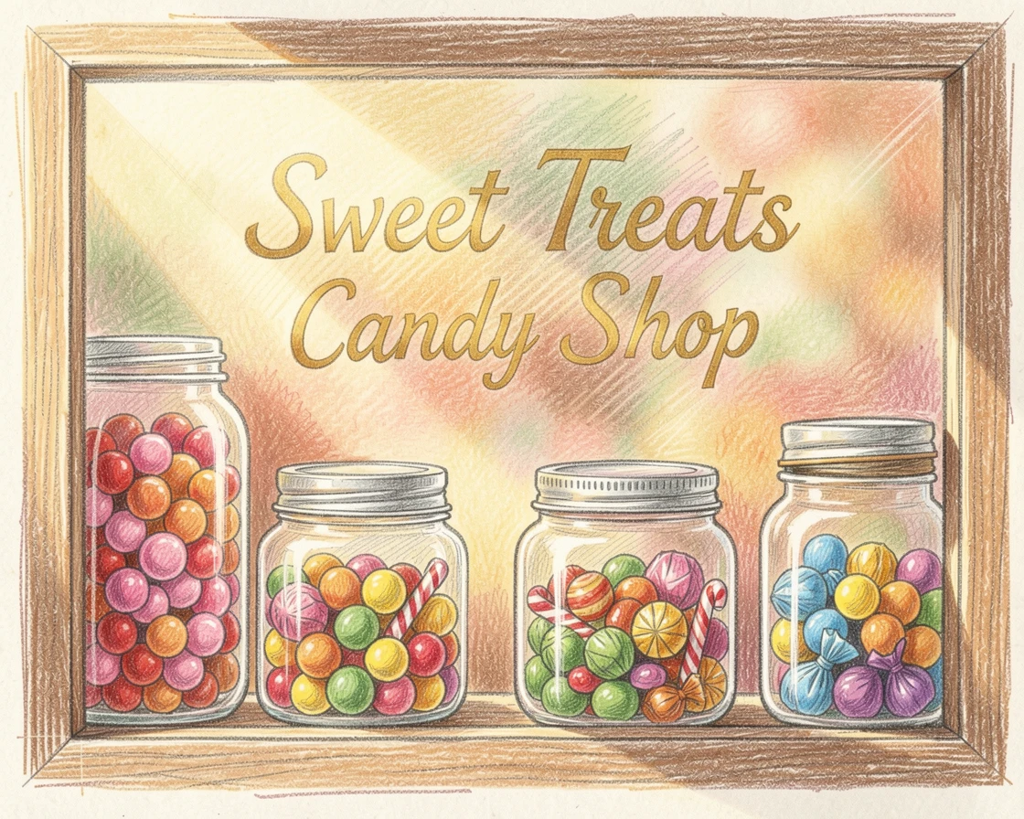 A candy shop window filled with jars of colorful sweets, with soft, natural light bringing warmth to every detail, radiating comfort, joy, and quiet beauty.